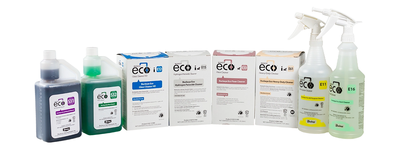 Group shot of Buckeye Eco Squeeze & Pours, Cartons and Spray Bottles